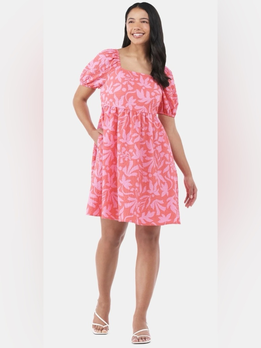 NWOT Time and Tru Coral Pink Floral Puff-Sleeve Mini Dress